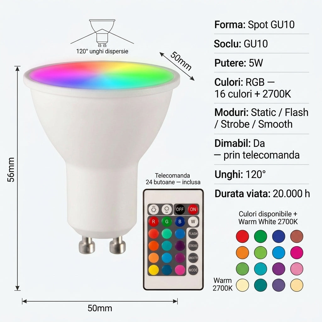 Bec LED Spot GU10 RGB 16 Culori Dimabil 5W Echivalent 25W Telecomanda