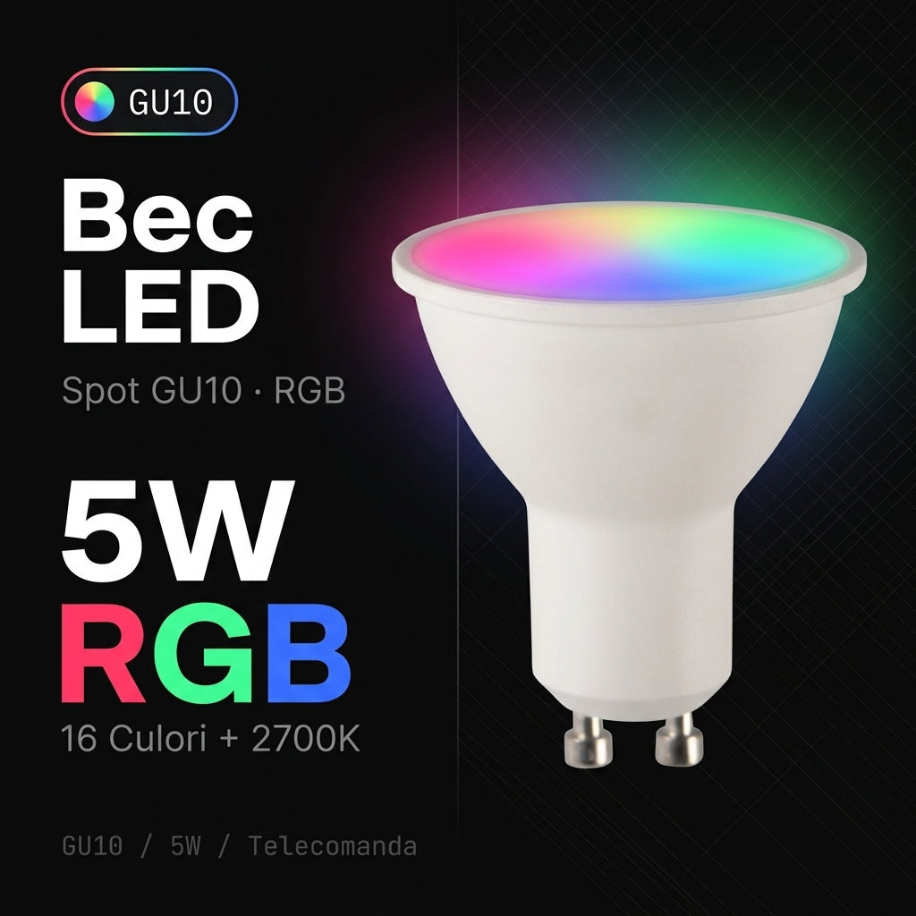 Bec LED Spot GU10 RGB 16 Culori Dimabil 5W Echivalent 25W Telecomanda