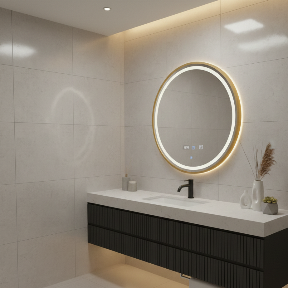 Oglinda LED Rotunda AURA Rama Aurie 70cm Functie Dezaburire, Touch si 3 Lumini