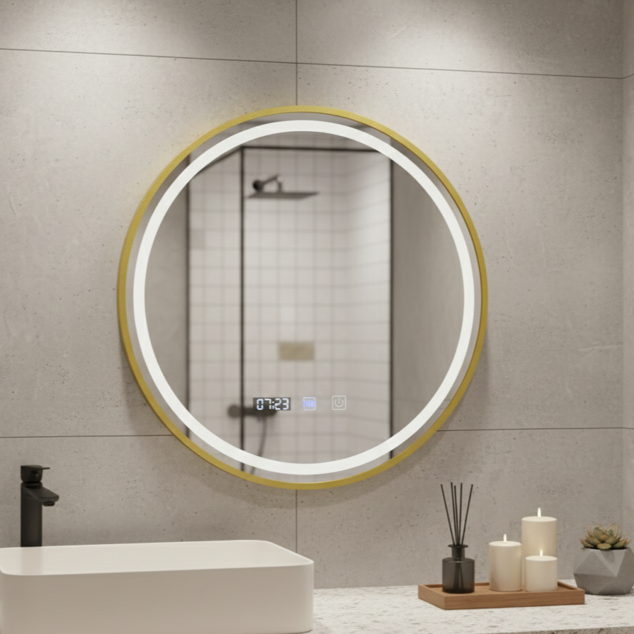 Oglinda LED Rotunda AURA Rama Aurie 60cm Functie Dezaburire, Touch si 3 Lumini