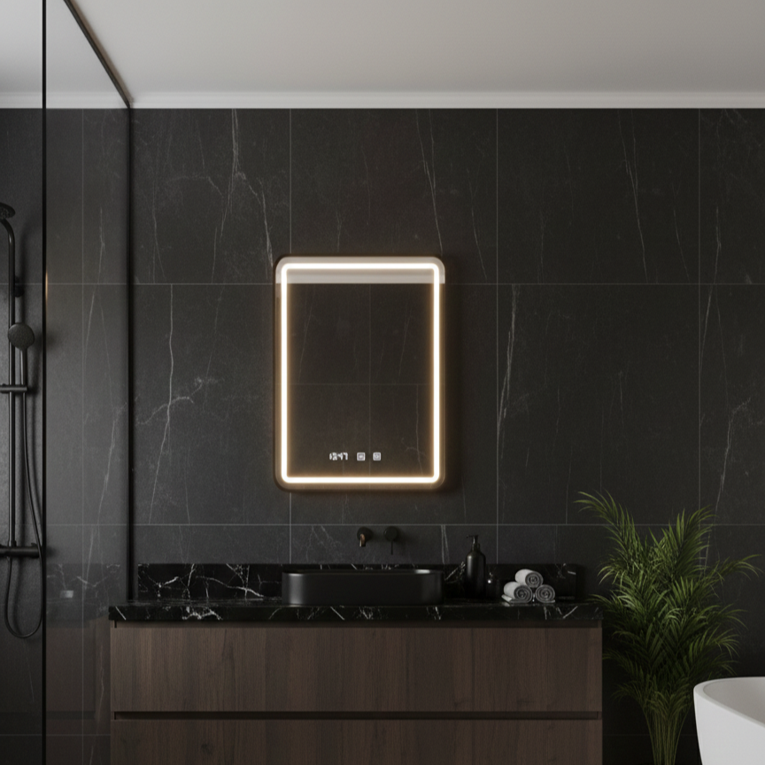 Oglinda LED Lucida Black Frame - 60x80 cm, Rama Neagra, 3 Tipuri de Lumina, Dezaburire si Ceas