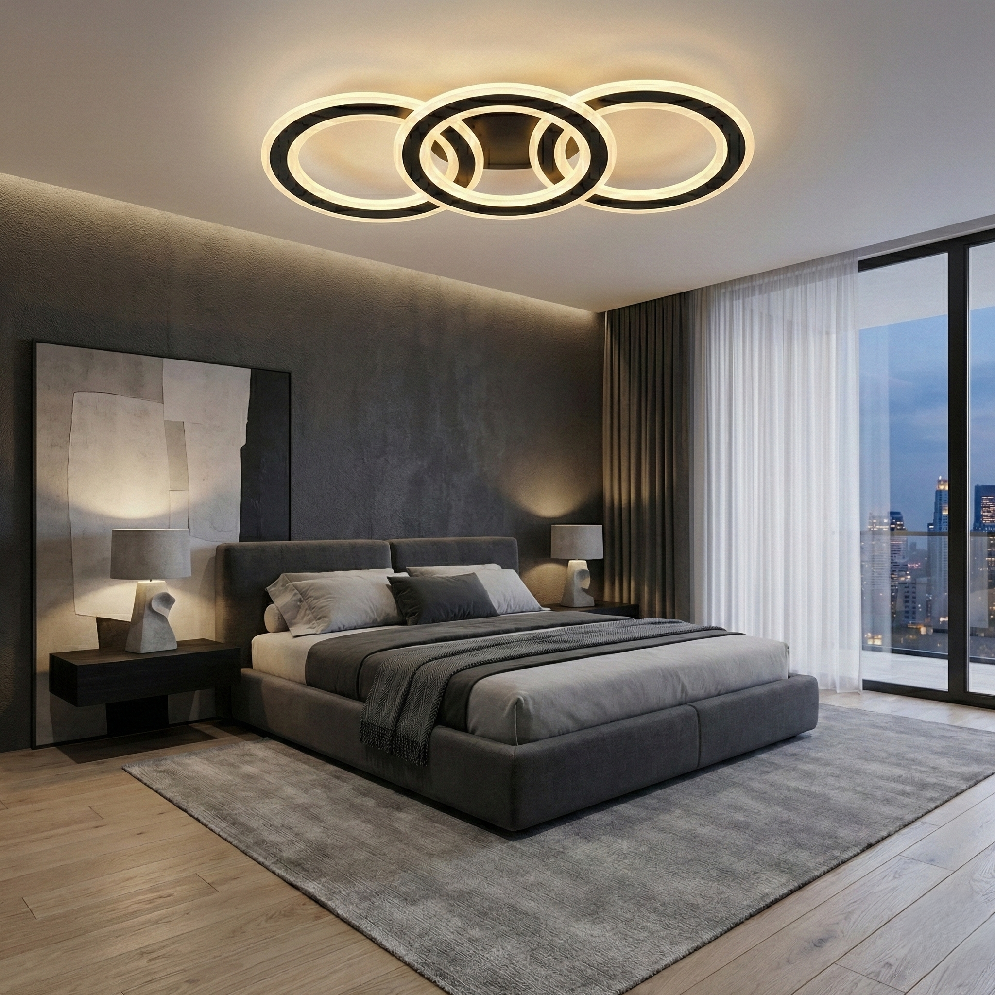 Lustra LED Triple Circle GRIDLINE Neagra Echivalent 500W Telecomanda