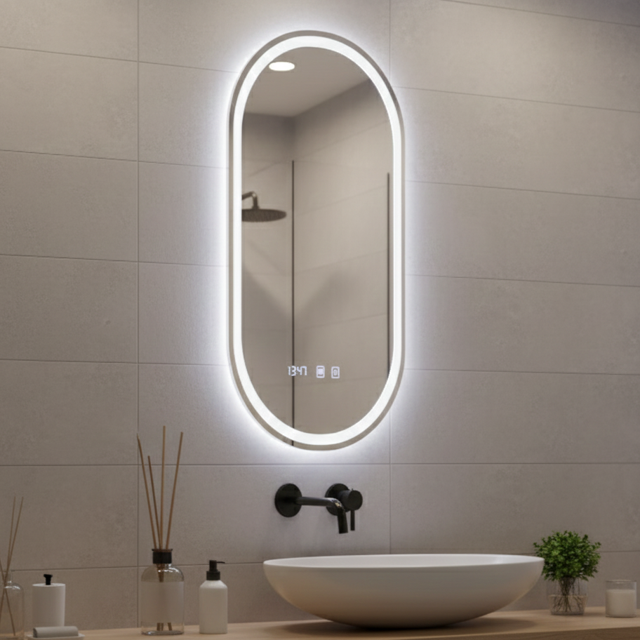 Oglinda LED Oro Oval Premium - Touch, Dezaburire si Ceas 50x80cm