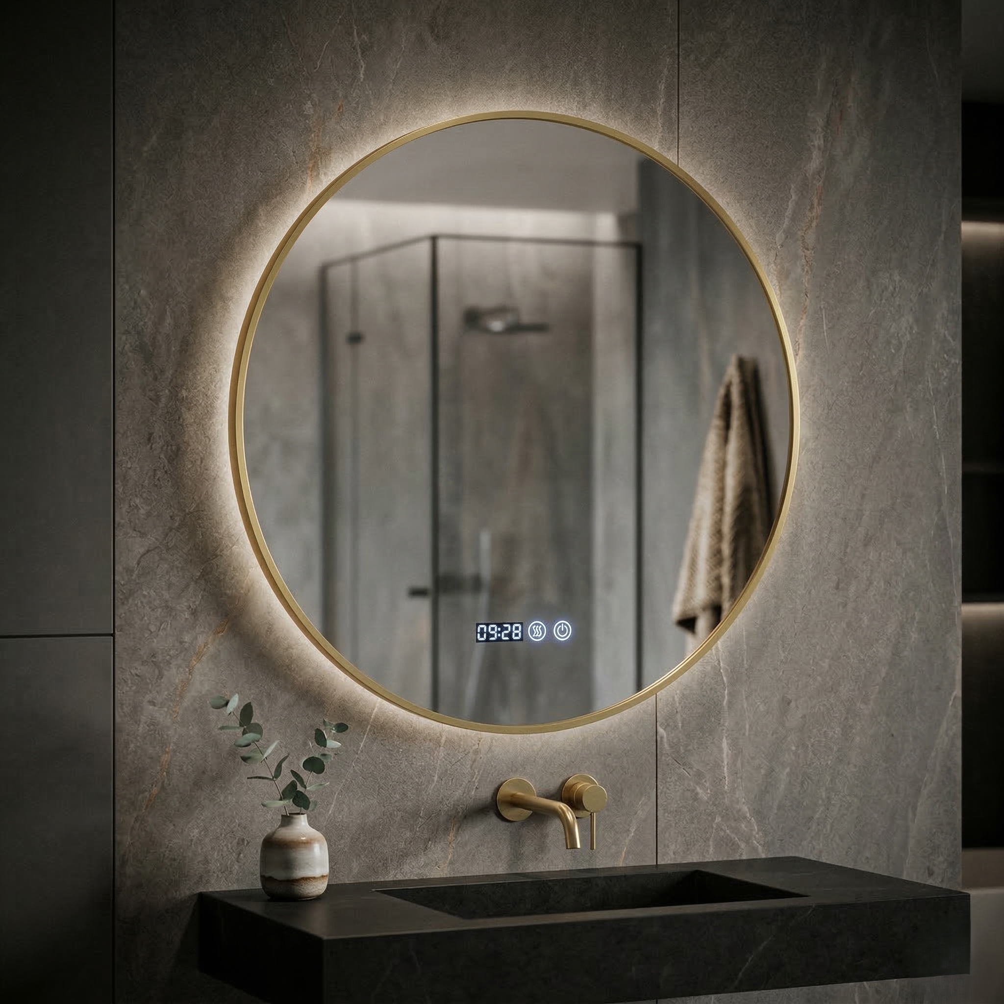 Oglinda LED Rotunda 80cm Rama Aurie, Ceas, Temperatura, Touch si 3 Lumini