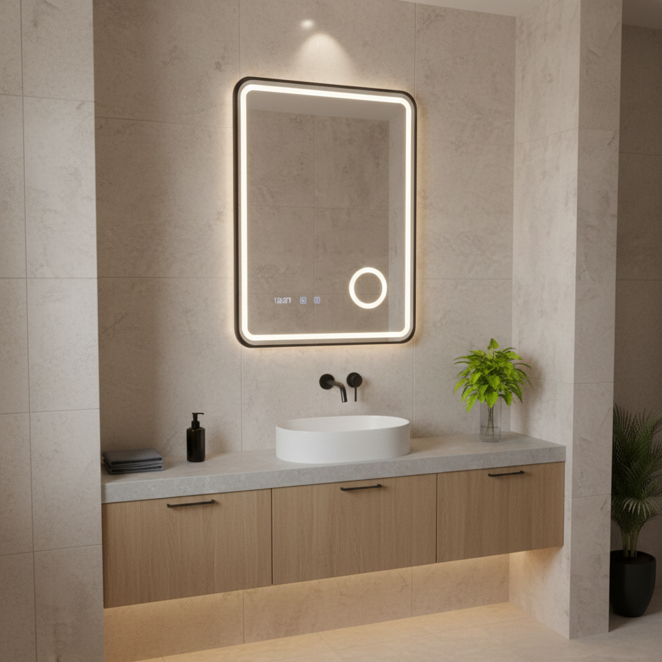 Oglinda LED Ulrich - Rama Neagra, 3 Lumini, Lupa Cosmetica, Dezaburire, Ceas si Temperatura, 60x80 cm