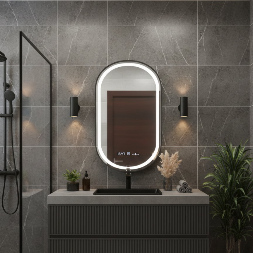 Oglinda LED Helmut Black – 50x80 cm 3 Lumini, Senzor, Rama Neagra, Dezaburire si Ceas