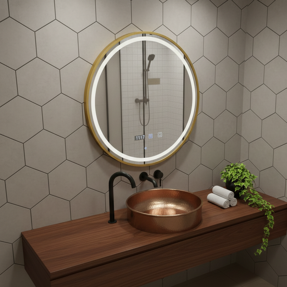 Oglinda LED Rotunda AURA Rama Aurie 60cm Functie Dezaburire, Touch si 3 Lumini