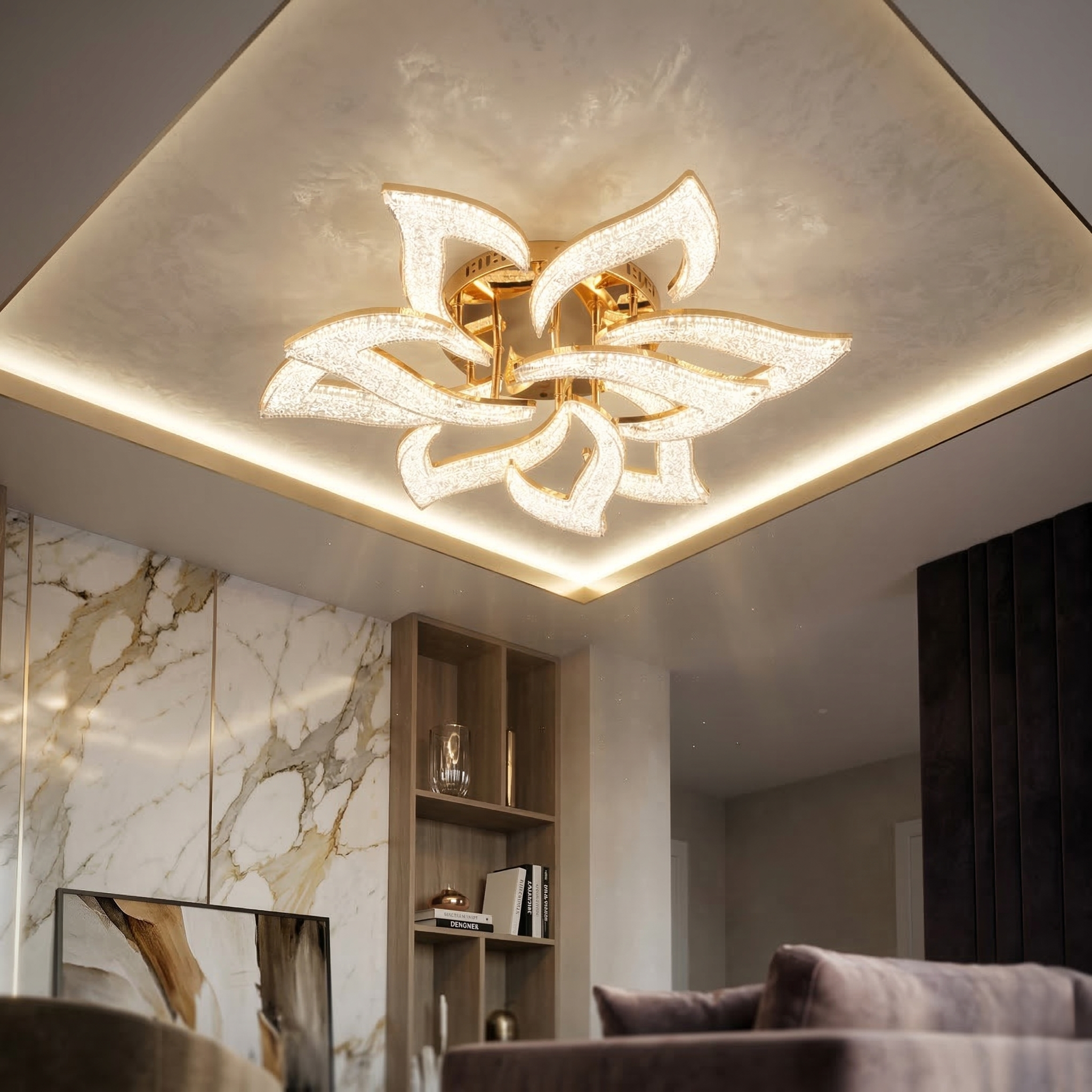 Lustra LED NARCISSE GRANDE Sparkle Gold Echivalent 1000W Telecomanda