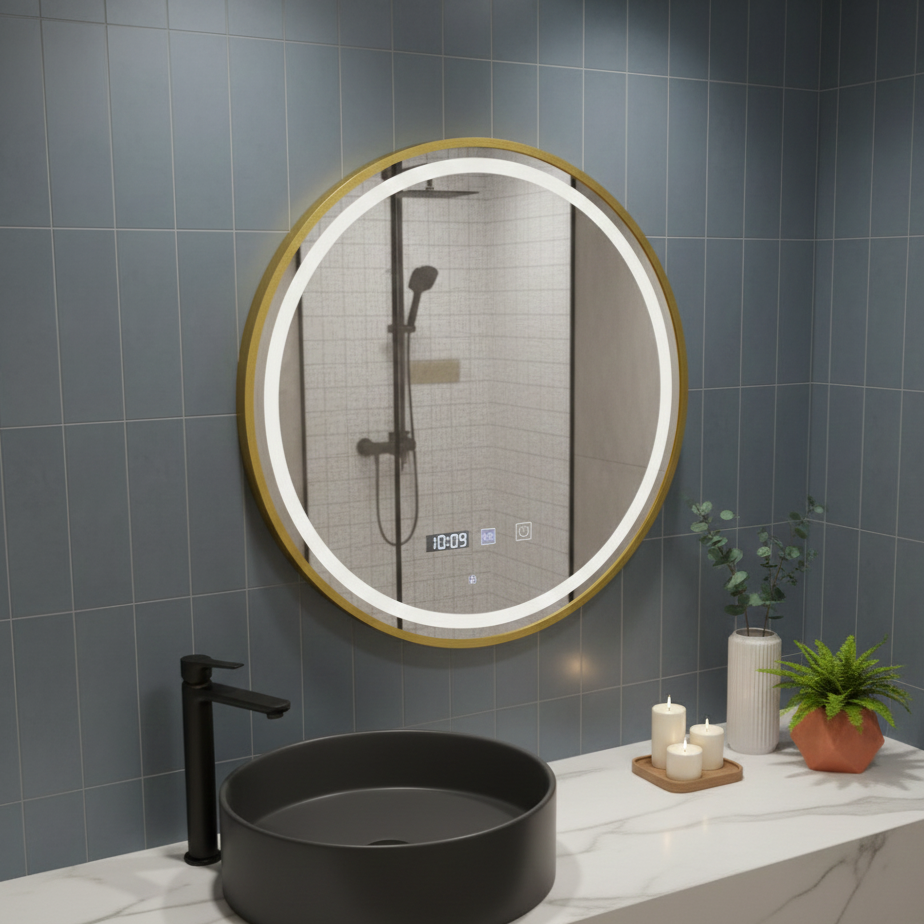 Oglinda LED Rotunda AURA Rama Aurie 60cm Functie Dezaburire, Touch si 3 Lumini