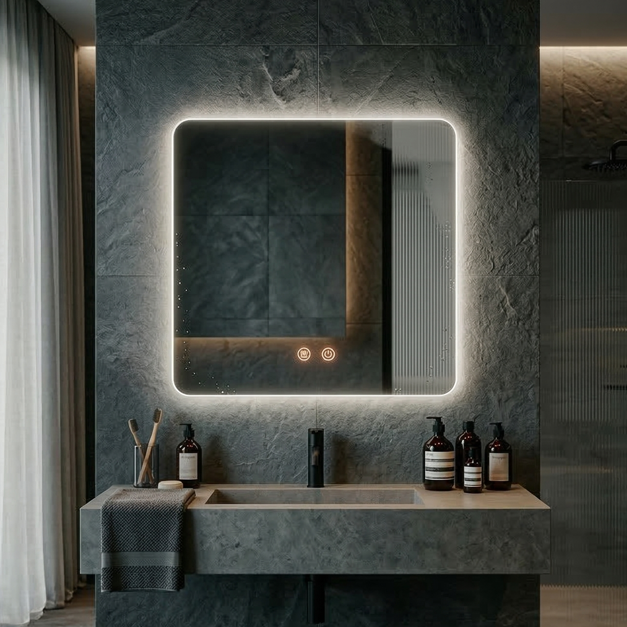 Oglinda LED Patrata FRAMELESS 70x70CM, Dezaburire, 3 Lumini si Touch