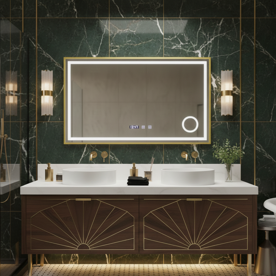 Oglinda LED Clarus Gold - 80x60 cm 3 Lumini, Rama Aurie, Lupa Cosmetica , Dezaburire si Ceas