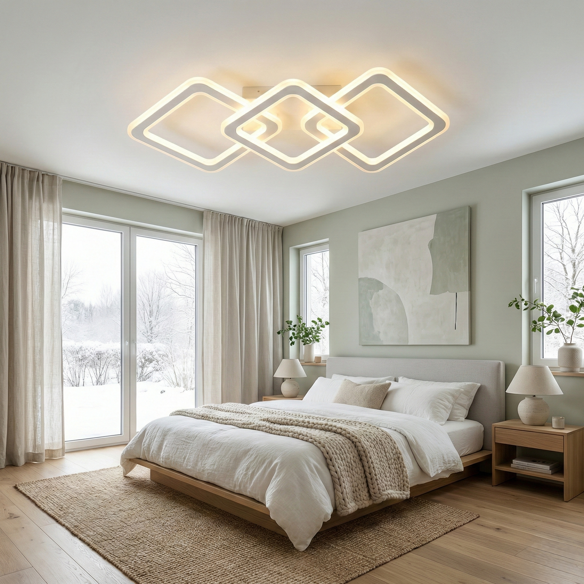 Lustra LED Triple Square GRIDLINE Alba Echivalent 600W Telecomanda