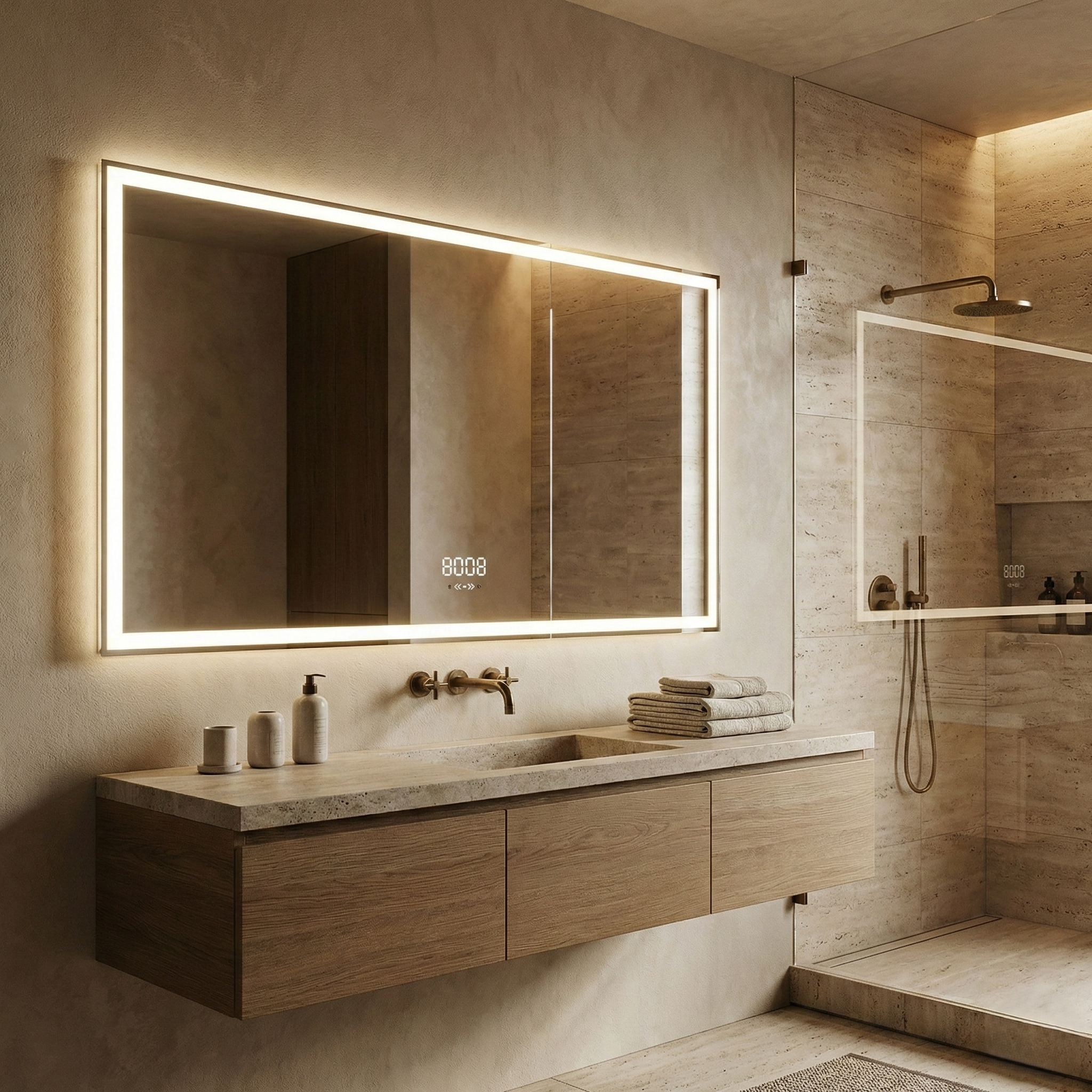 Oglinda LED FIORINA - 150x80cm Dezaburire si Ceas, Senzor, 3 Lumini