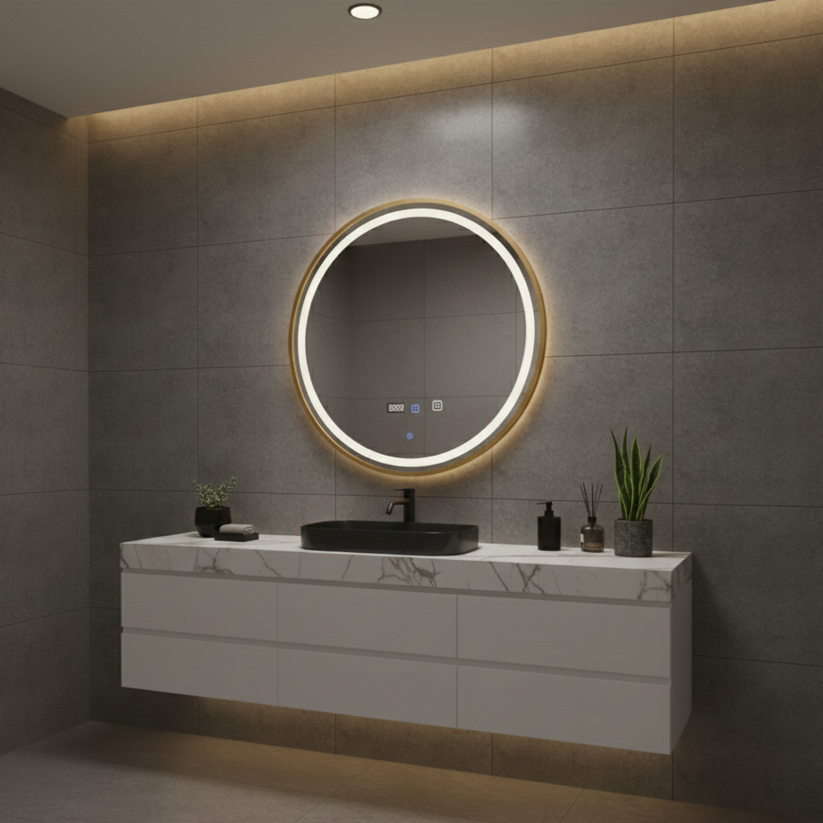 Oglinda LED Rotunda AURA Rama Aurie 70cm Functie Dezaburire, Touch si 3 Lumini