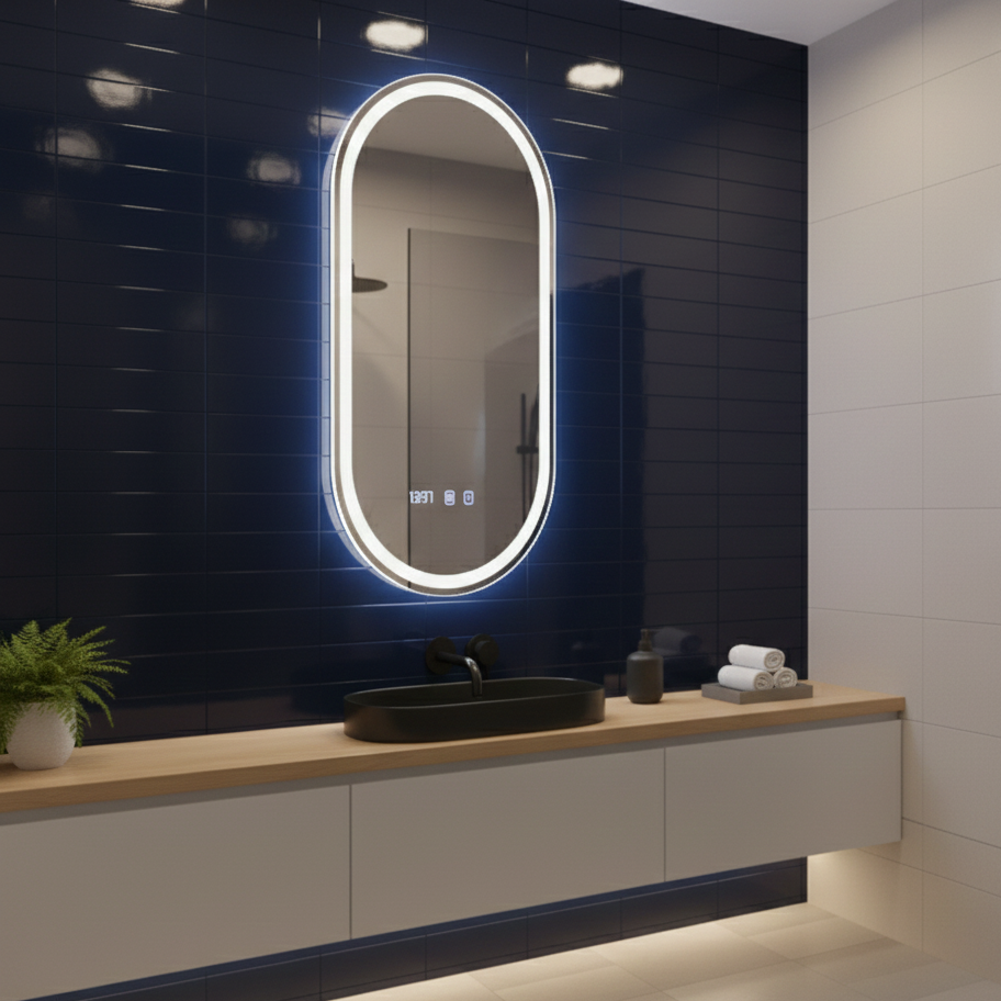 Oglinda LED Oro Oval Premium - Touch, Dezaburire si Ceas 50x80cm