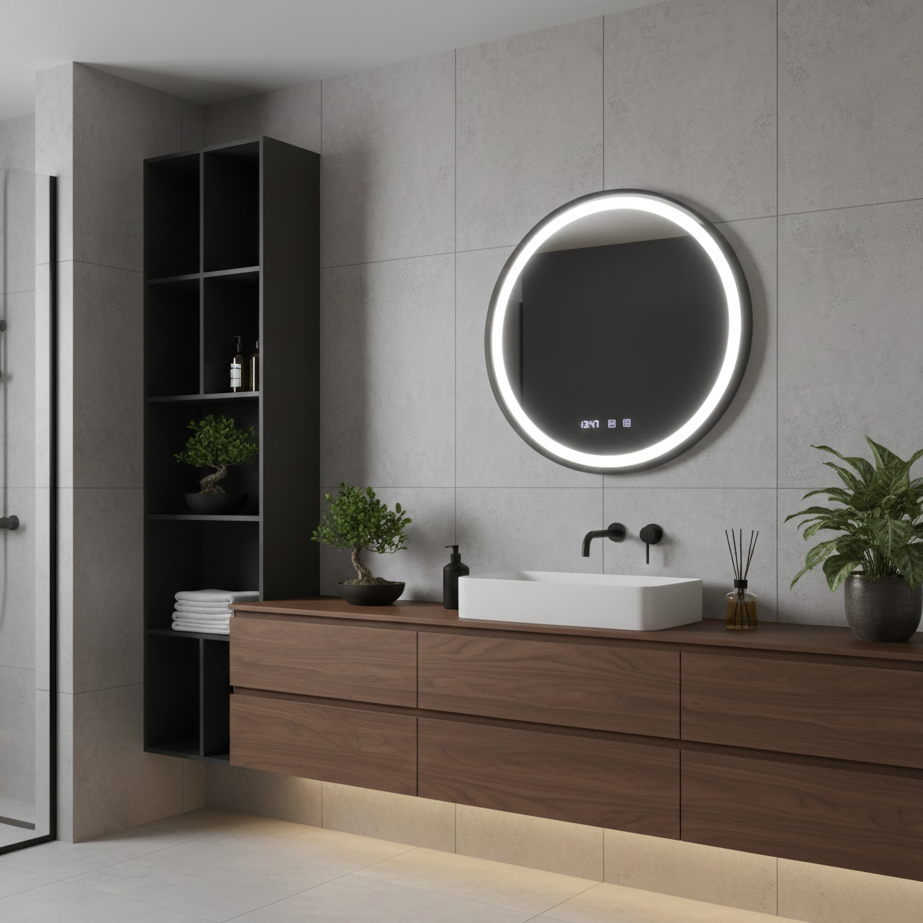 Oglinda LED Novara Compact Black - Rama Neagra, 50 cm, 3 Lumini, Dezaburire, Ceas și Temperatura