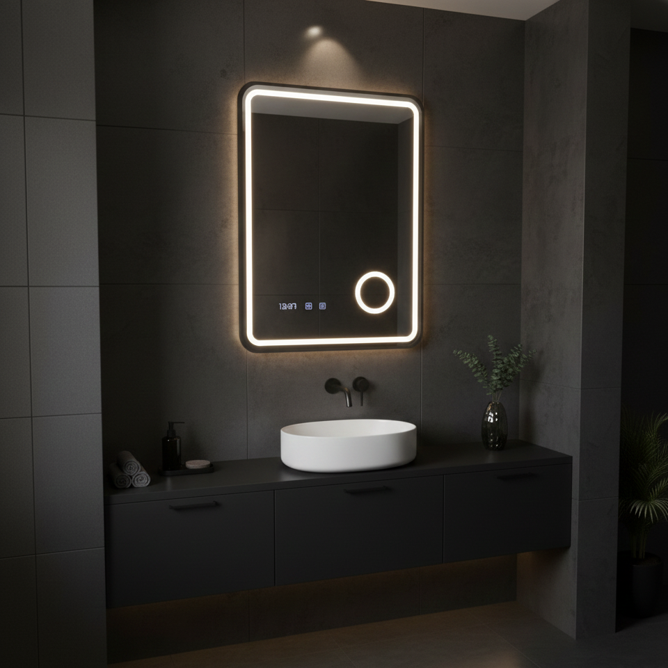 Oglinda LED Ulrich - Rama Neagra, 3 Lumini, Lupa Cosmetica, Dezaburire, Ceas si Temperatura, 60x80 cm