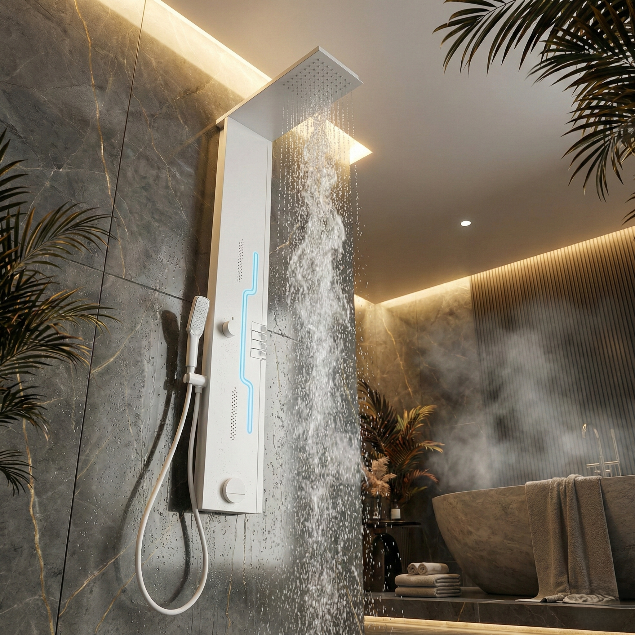 Panou de Dus Premium White AquaSpectra - LED, Masaj, 144CM