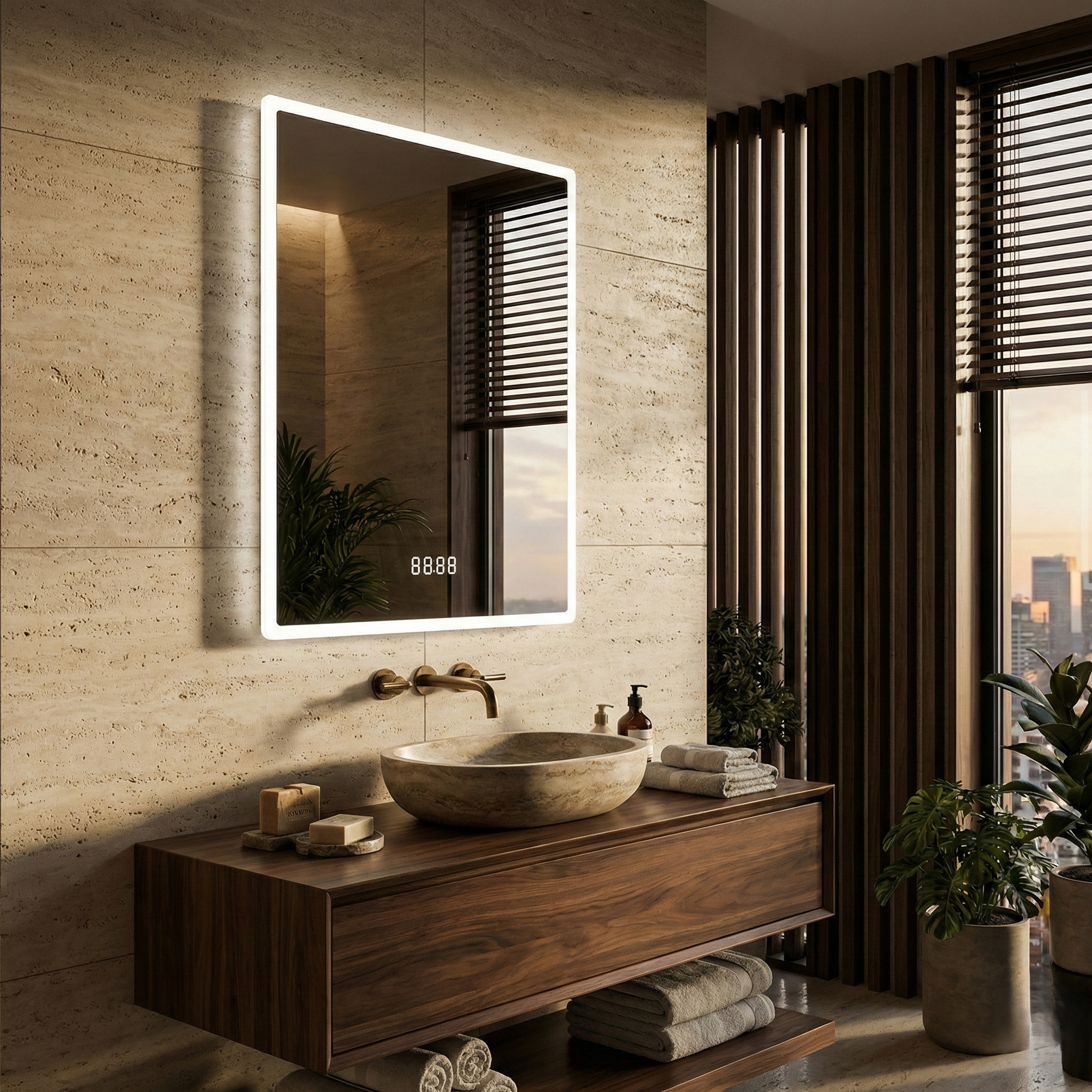 Oglinda LED TRIVENZA - 60x80 cm 3 Lumini, Senzor, Dezaburire si Ceas