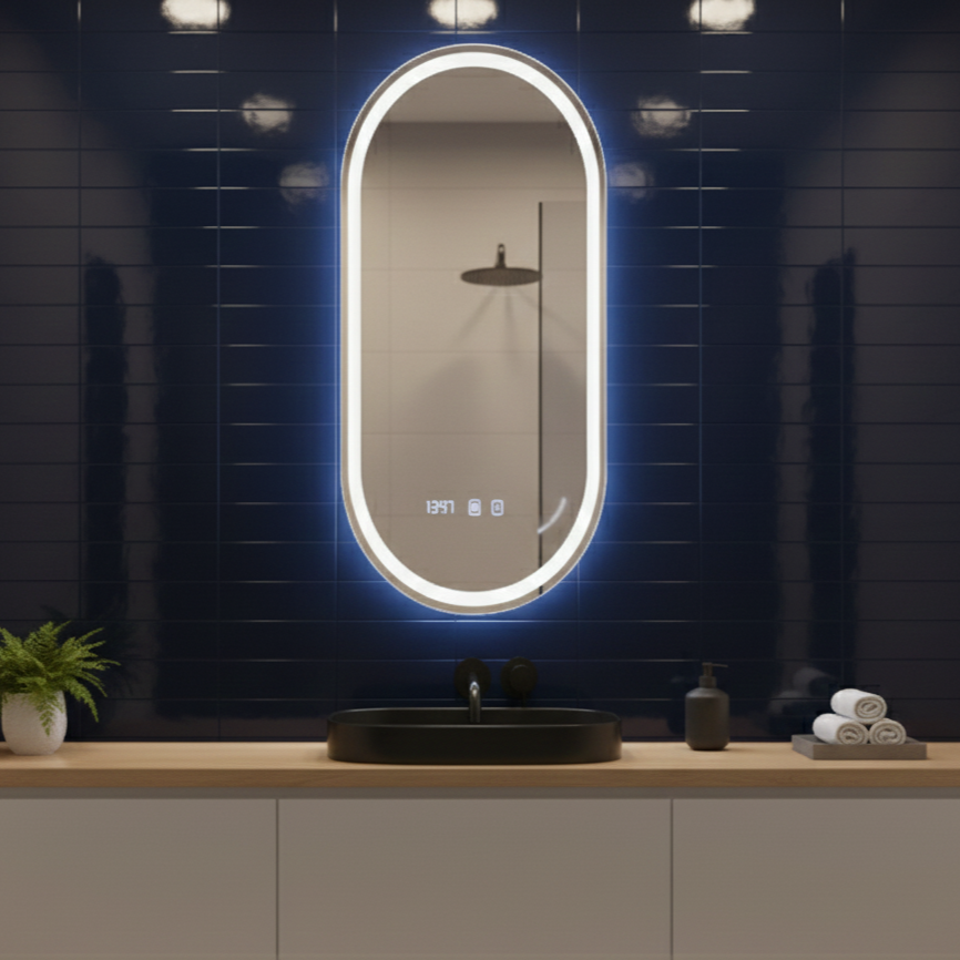 Oglinda LED Oro Oval Premium - Touch, Dezaburire si Ceas 50x80cm
