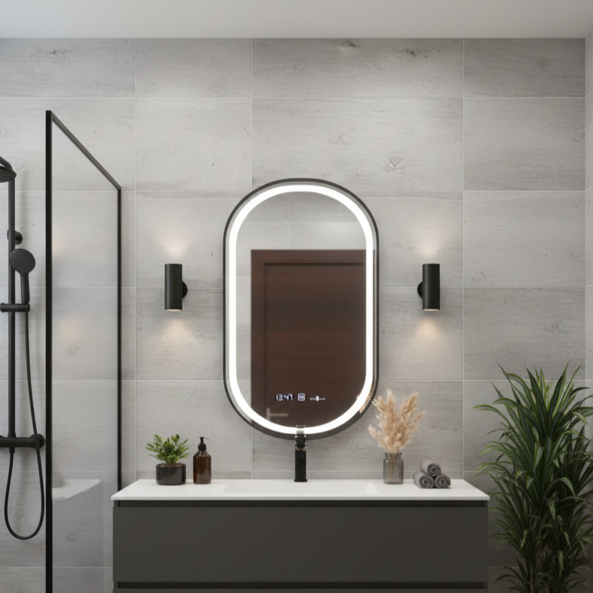 Oglinda LED Helmut Black – 50x80 cm 3 Lumini, Senzor, Rama Neagra, Dezaburire si Ceas