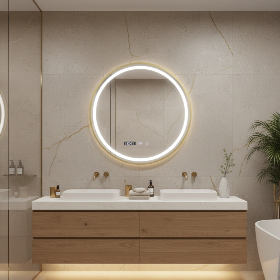 Oglinda LED Rotunda AURA Rama Aurie 50cm Functie Dezaburire, Touch si 3 Lumini