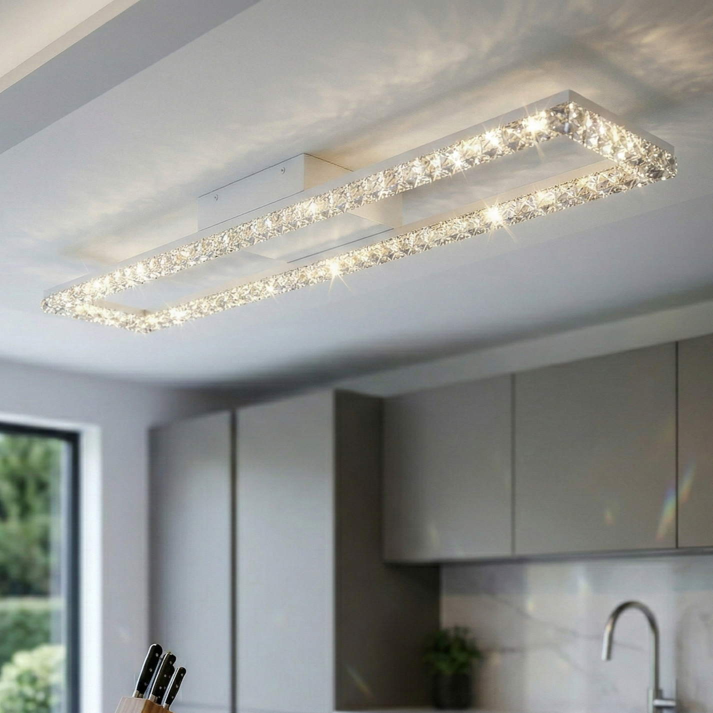 Lustra LED Rectangular 108cm Cristal White Echivalent 400W Telecomanda