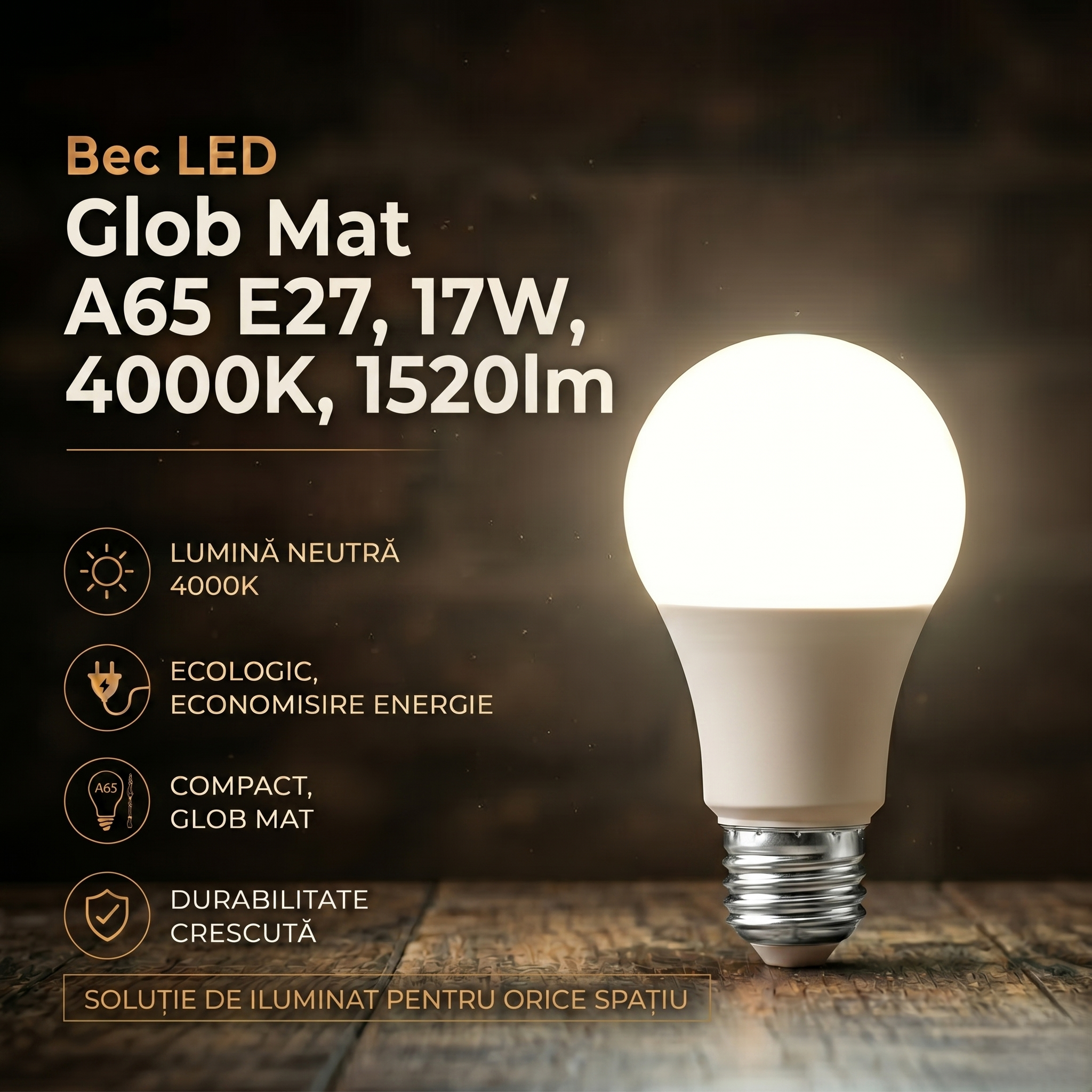 Bec LED Glob Mat A65 E27, 17W, 4000K, 1520lm