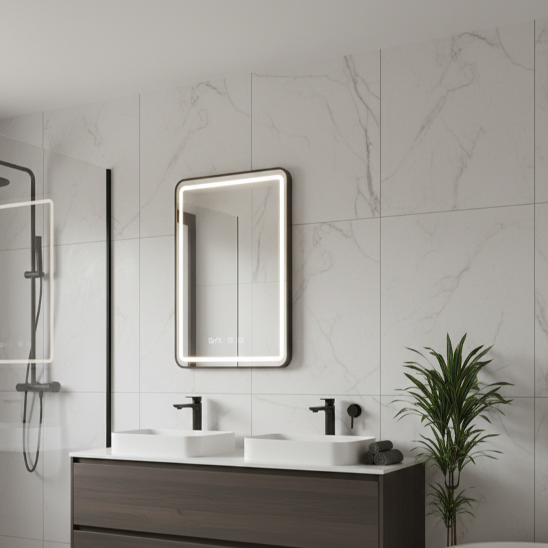 Oglinda LED Lucida Black Frame - 60x80 cm, Rama Neagra, 3 Tipuri de Lumina, Dezaburire si Ceas