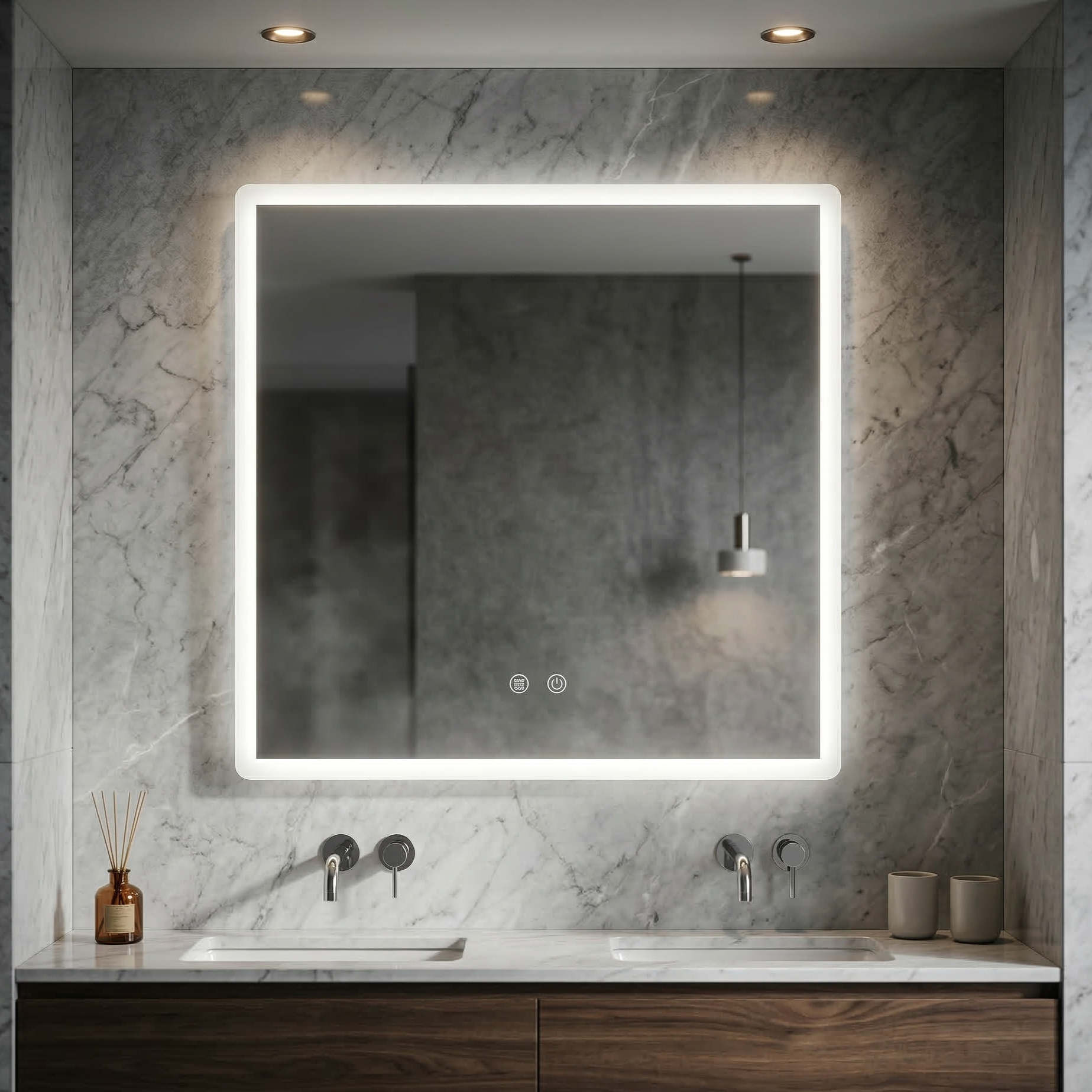 Oglinda LED Patrata FRAMELESS 70x70CM, 3 Lumini, Dezaburire, Dimabila