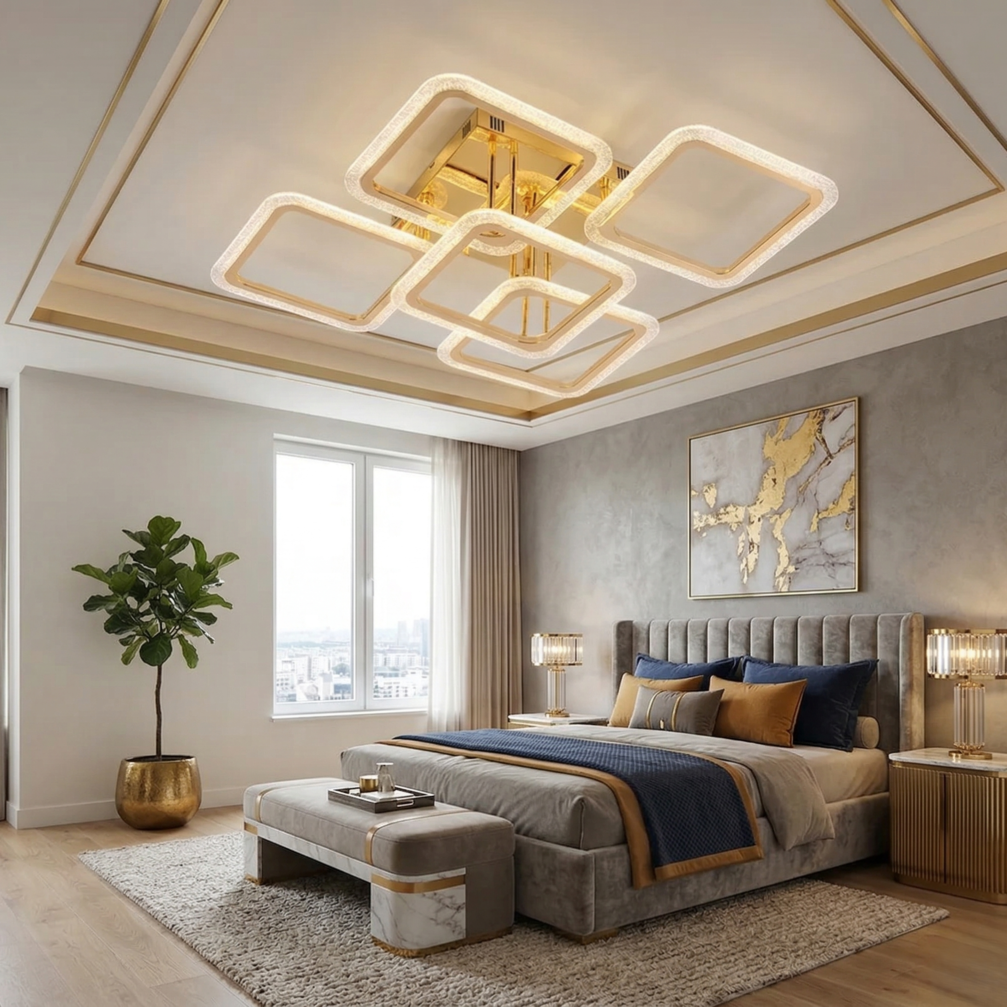 Lustra LED Brevia 3+2 Diamond Gold Echivalent 600W Telecomanda