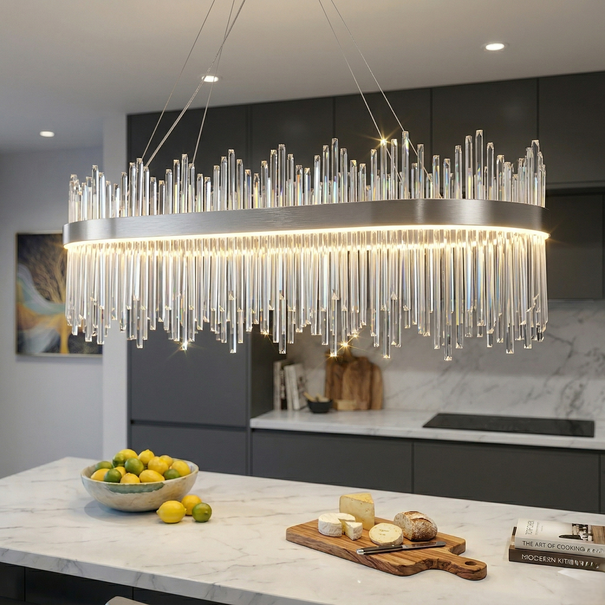 Lustra LED Suspendata CROWN Silver Cristal 80x30cm Echivalent 600W