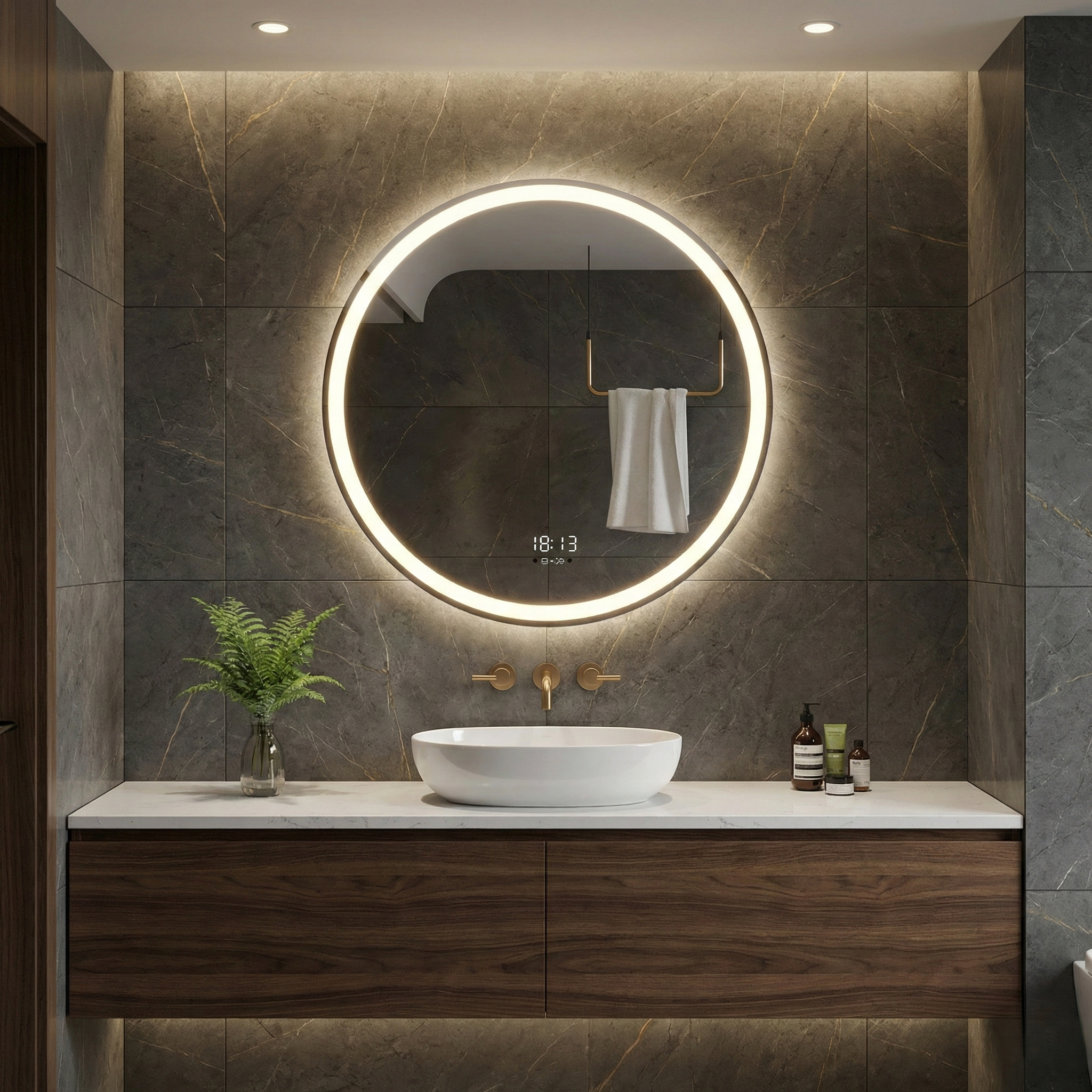 Oglinda LED Rotunda LAZORA 60CM cu Dezaburire, Senzor si 3 Lumini