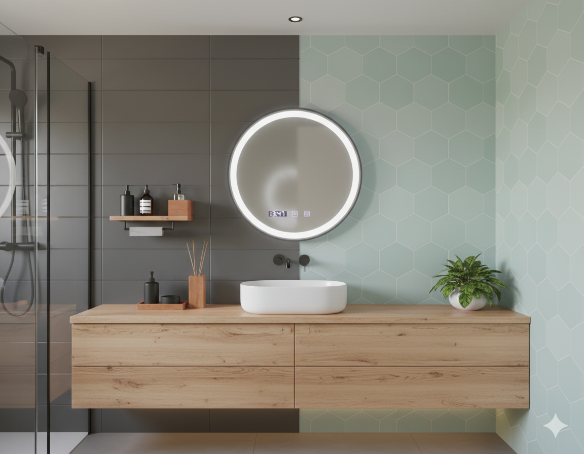 Oglinda LED Novara Black Giant – Rama Neagra, 90 cm, 3 Functii de Lumina, Dezaburire, Ceas si Temperatura