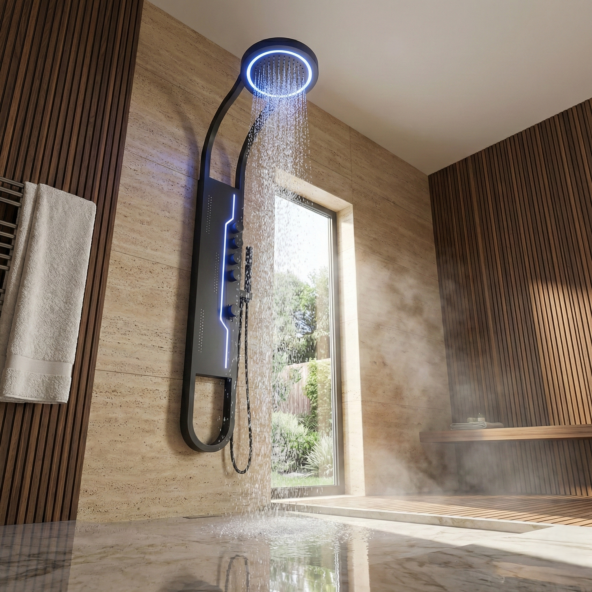 Panou de Dus Premium Black LunarFlow - LED, Masaj, 146CM