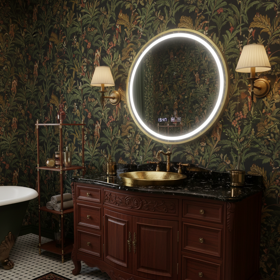 Oglinda LED Rotunda AURA Rama Aurie 50cm Functie Dezaburire, Touch si 3 Lumini