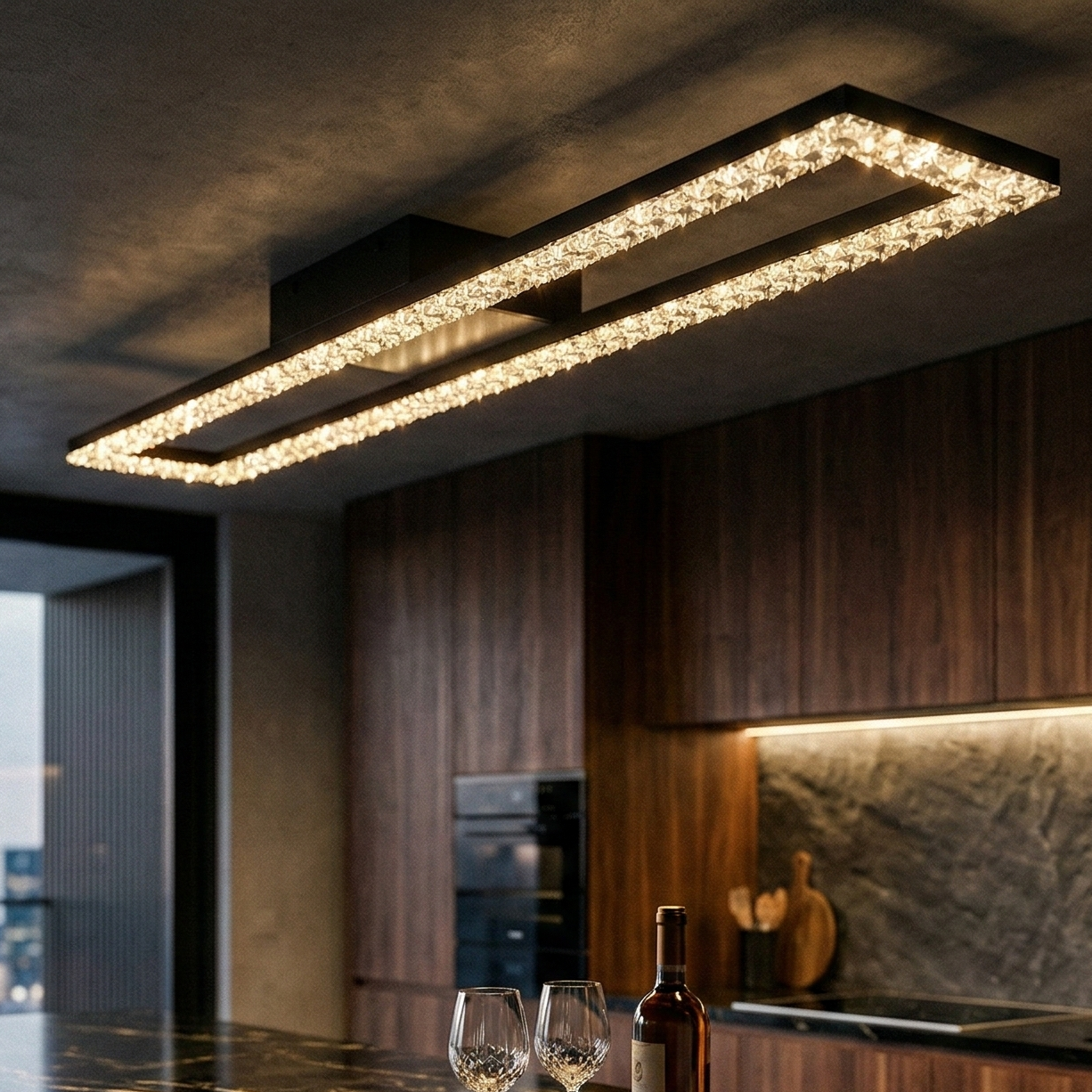 Lustra LED Rectangular 108cm Cristal Black Echivalent 400W Telecomanda