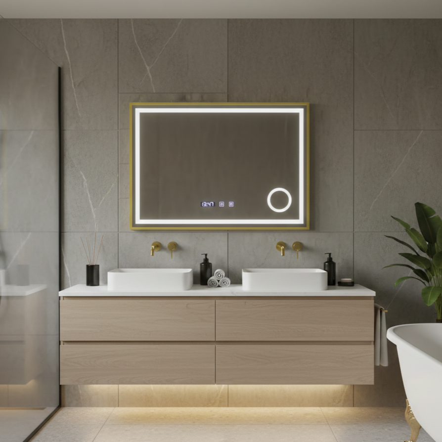 Oglinda LED Clarus Gold - 80x60 cm 3 Lumini, Rama Aurie, Lupa Cosmetica , Dezaburire si Ceas