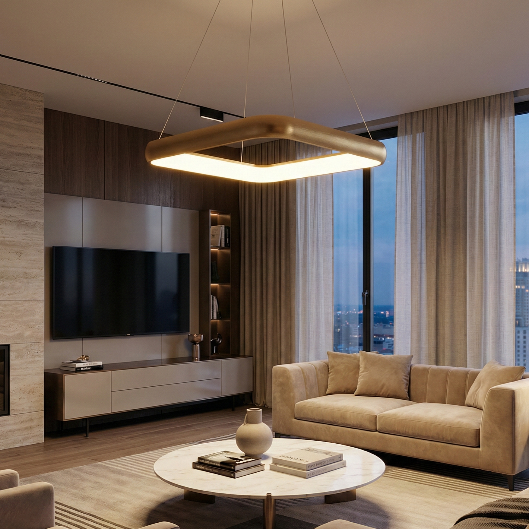 Lustra LED Suspendata BELLA Gold Square, 3 Lumini din buton Echivalent 500W