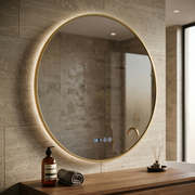 Oglinda LED Rotunda 80cm Rama Aurie, Ceas, Temperatura, Touch si 3 Lumini