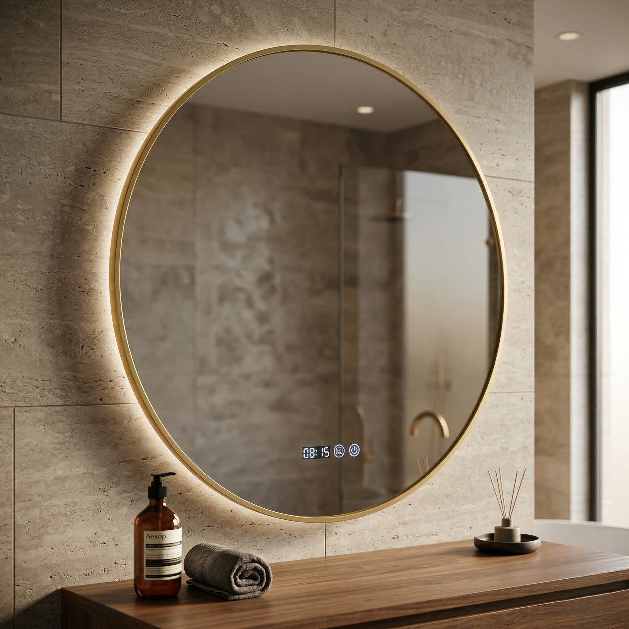 Oglinda LED Rotunda 80cm Rama Aurie, Ceas, Temperatura, Touch si 3 Lumini