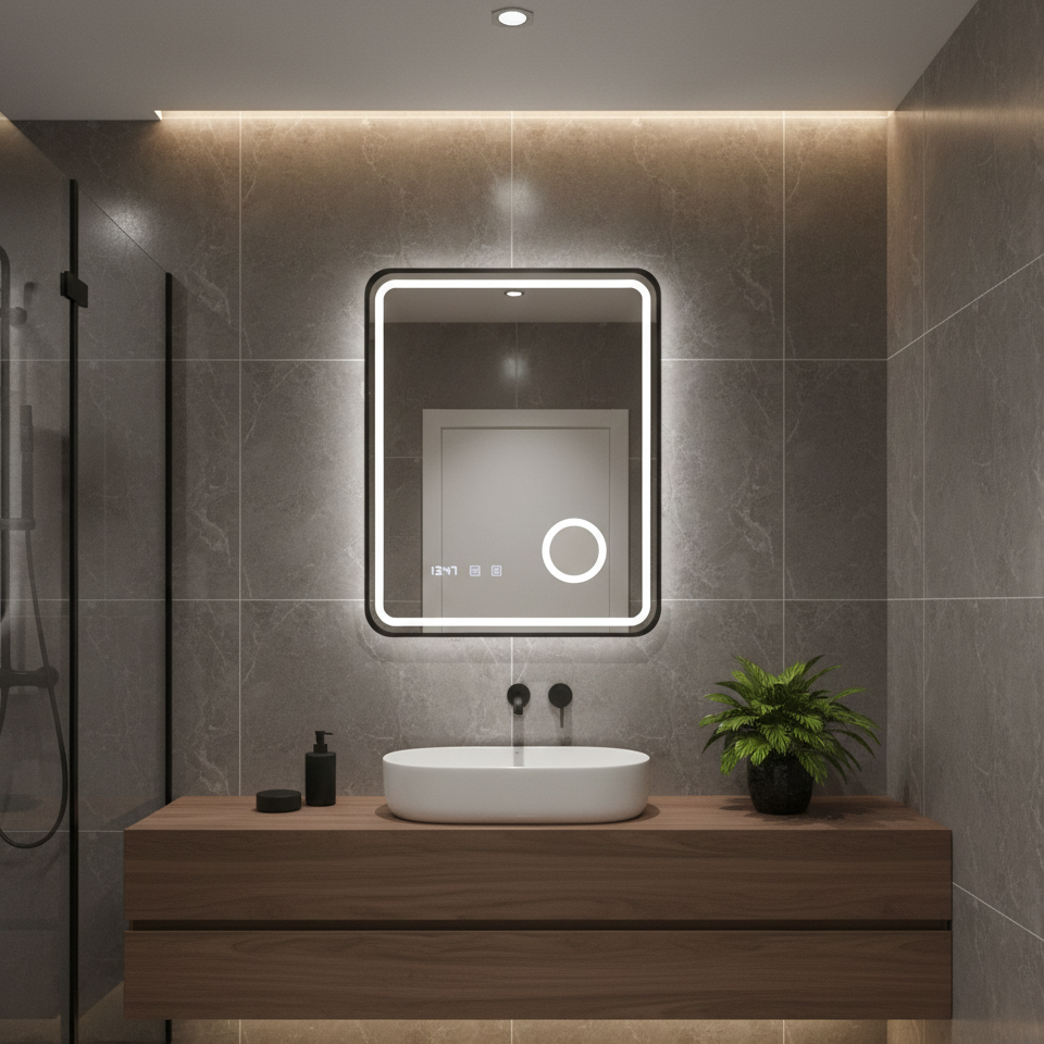 Oglinda LED Ulrich - Rama Neagra, 3 Lumini, Lupa Cosmetica, Dezaburire, Ceas si Temperatura, 60x80 cm