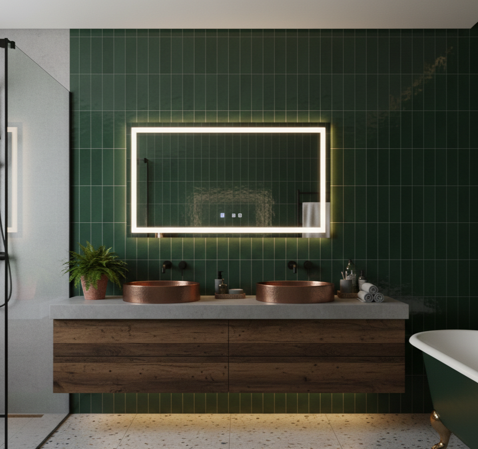 Oglinda LED Modena Smart Orizontala - 80x60 cm, Frameless, 3 Tipuri de Lumina, Dezaburire si Ceas