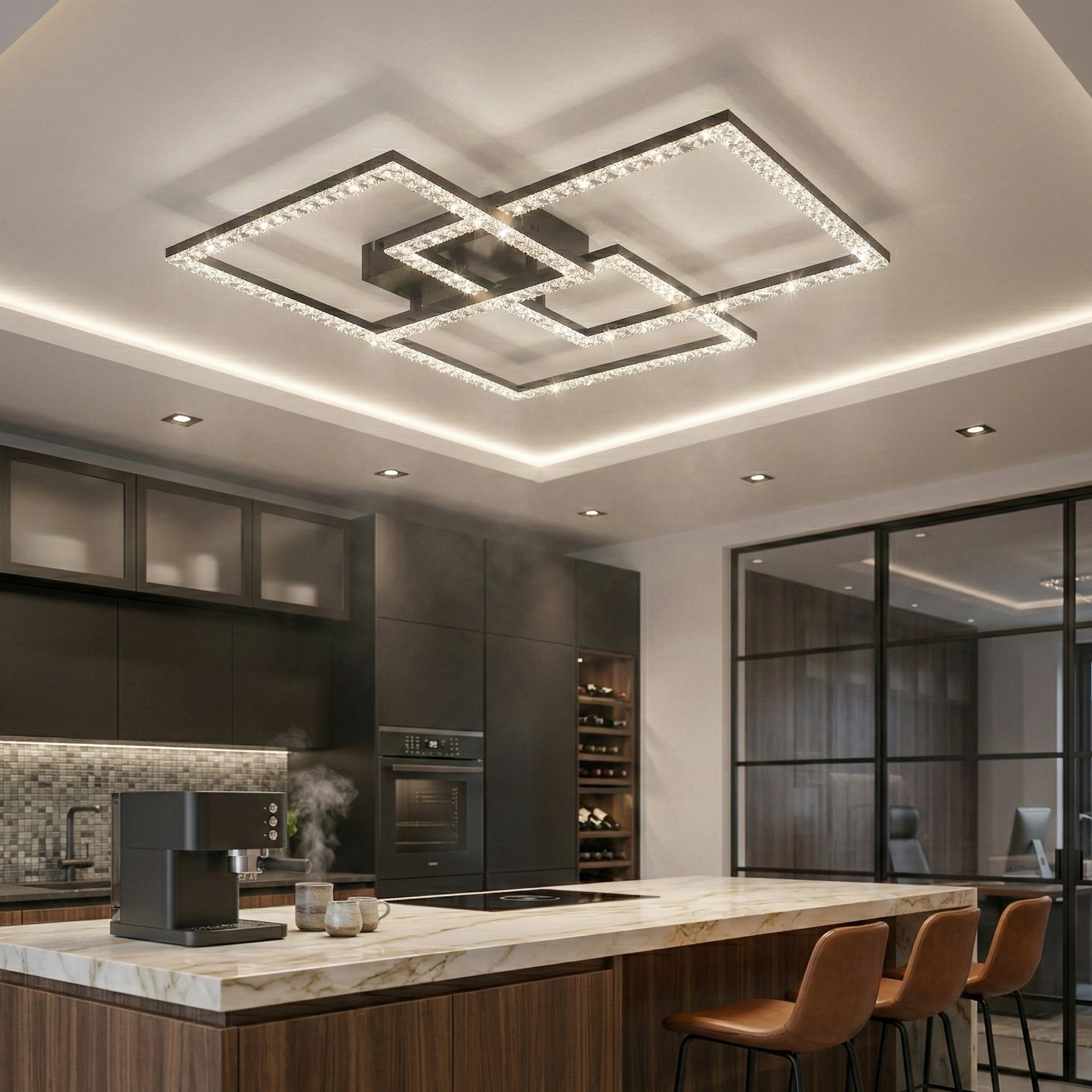 Lustra LED 3 Squares Cristal Black Echivalent 800W Telecomanda