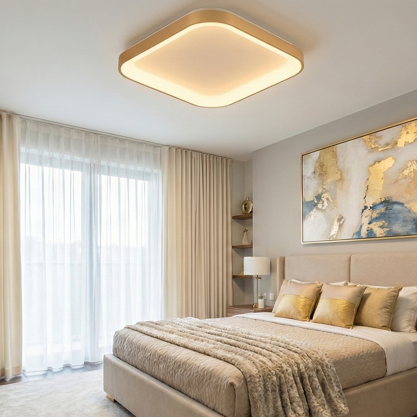 Plafoniera LED BELLA Gold Square 48cm Echivalent 400W 3 Lumini din Buton