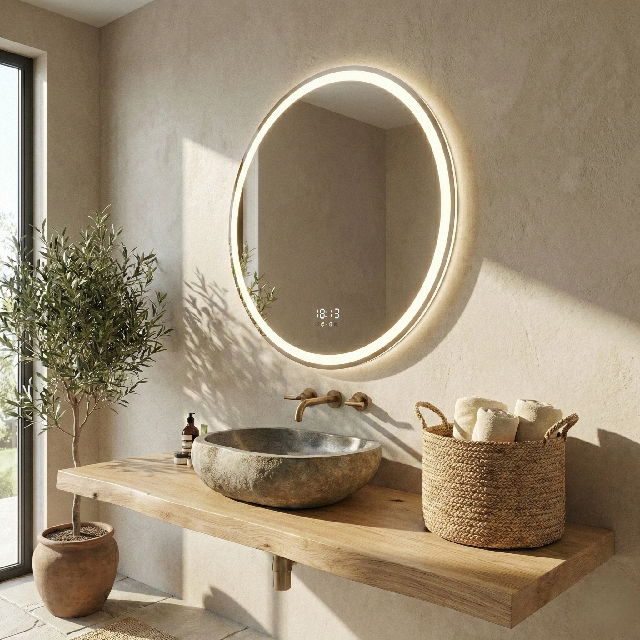 Oglinda LED Rotunda LAZORA 60CM cu Dezaburire, Senzor si 3 Lumini