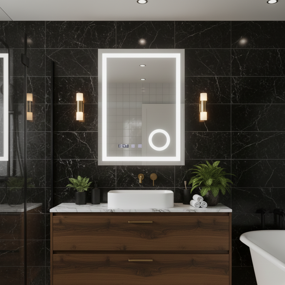 Oglinda LED Nivera - 60x80 cm 3 Lumini, Touch Screen, Lupa Cosmetica, Dezaburire si Ceas