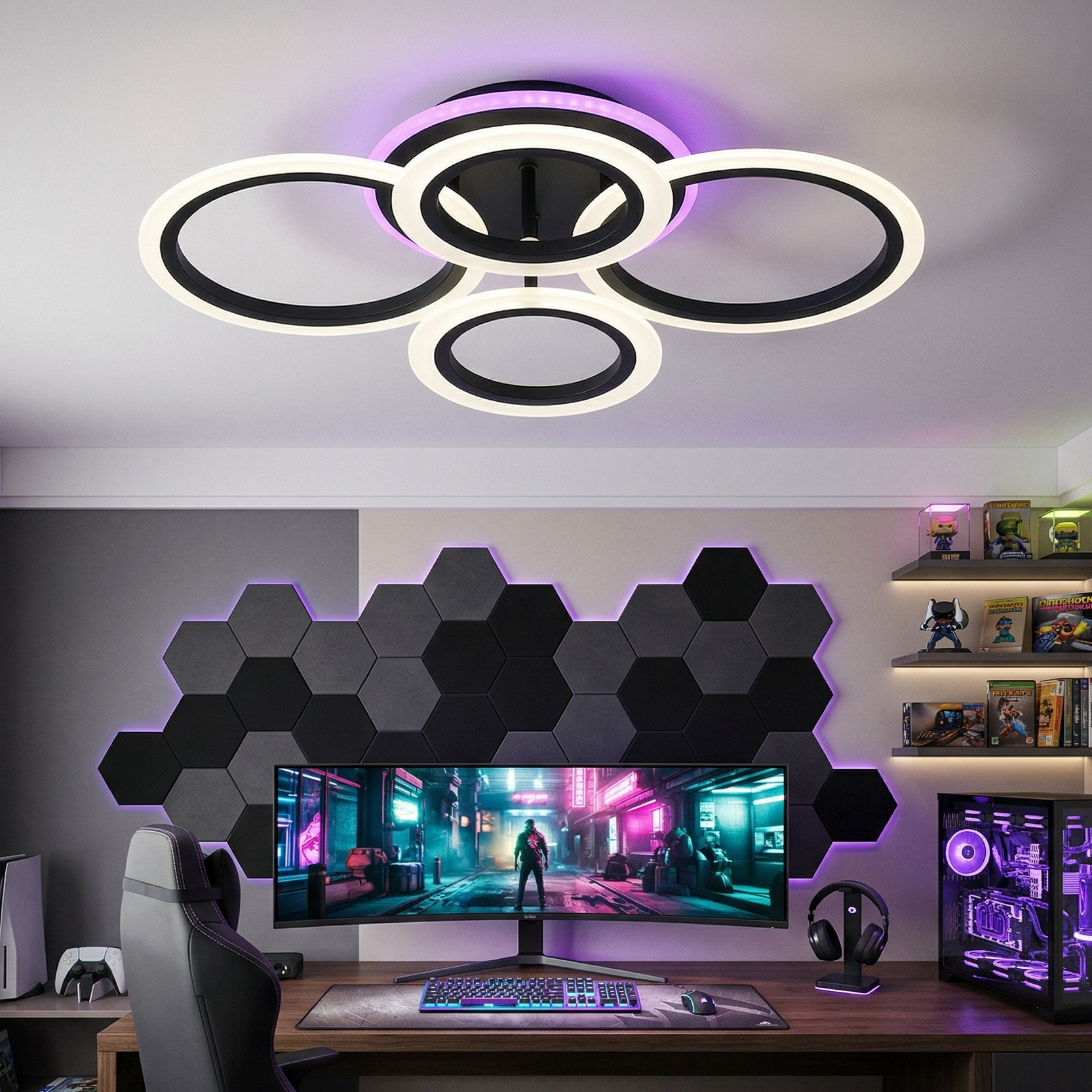 Lustra LED 4 Circle RGB BLACK Echivalent 500W Telecomanda