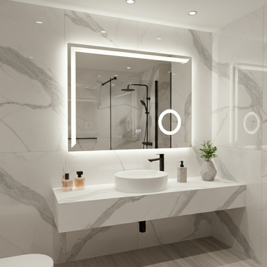 Oglinda LED CONTORNO - 80x60 cm 3 Lumini, Senzor, Lupa Cosmetica, Dezaburire si Ceas