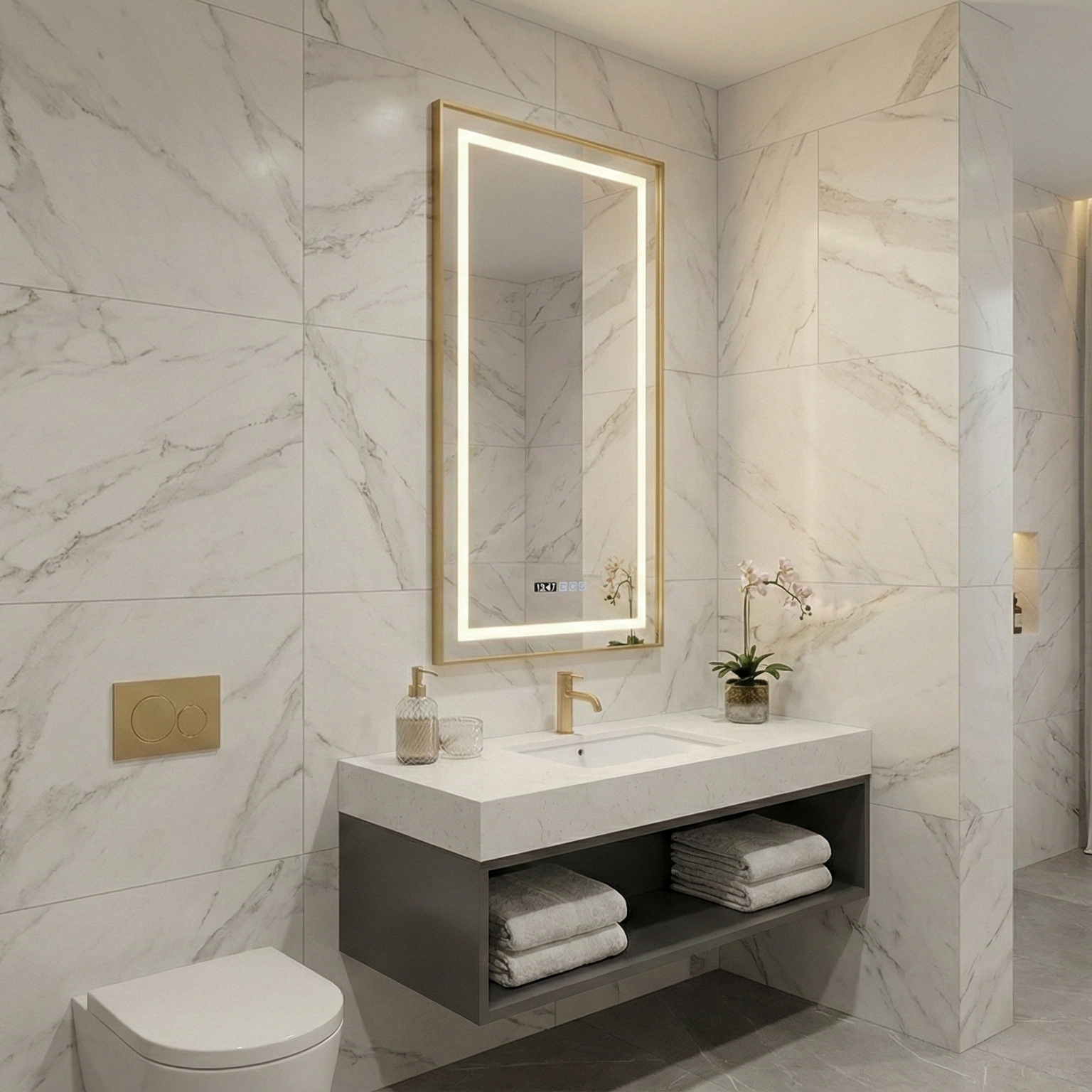 Oglinda LED MIRAGE Gold 140x45cm Touch, 3 Lumini si Senzor Proximitate